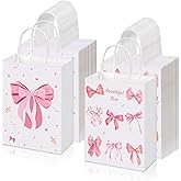 FACULX 30 Pcs Pink Bow Goodie Bags, Pink Paper Coquette Bowknot Party Favor Bags for Birthday&Bachelorette Party Decoration, Bow Gift Pouches with Handles 8.3x5.9x3.1 Inch