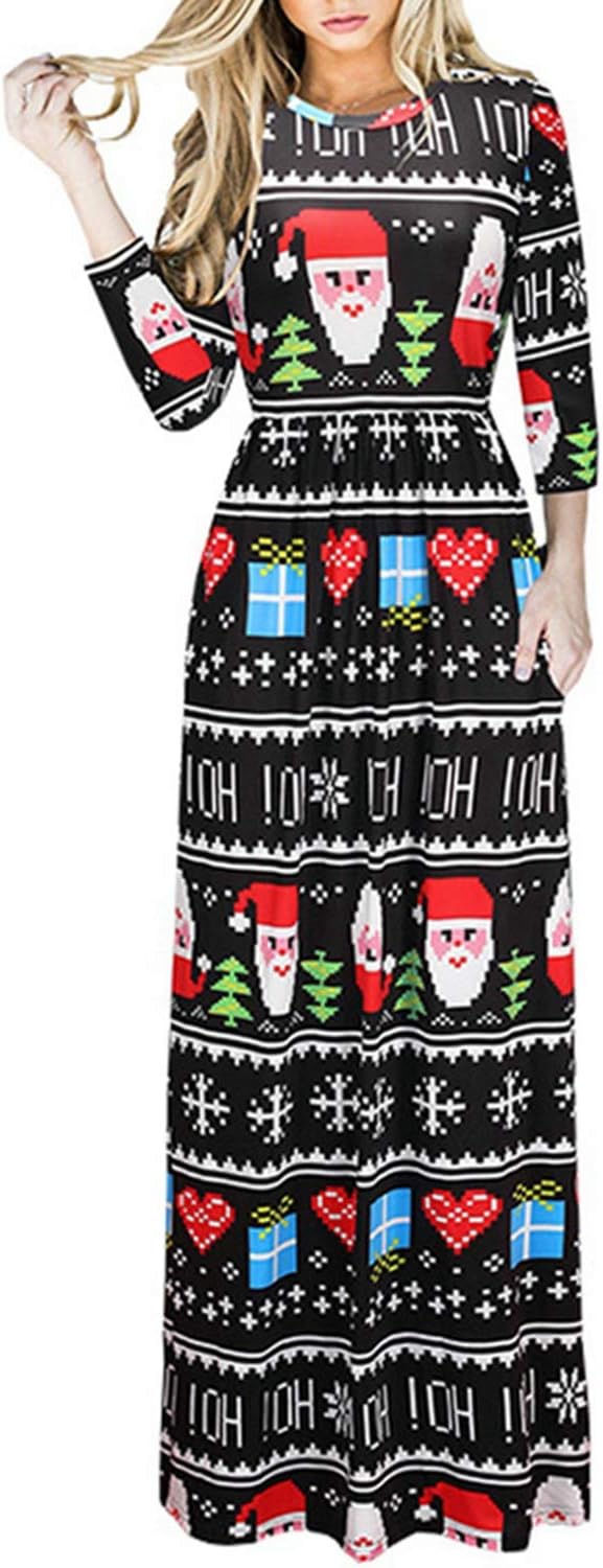 Vcegari Women's Ugly Christmas Santa Claus Print Party Dress Casual Holiday Long Sleeve A Line Dress