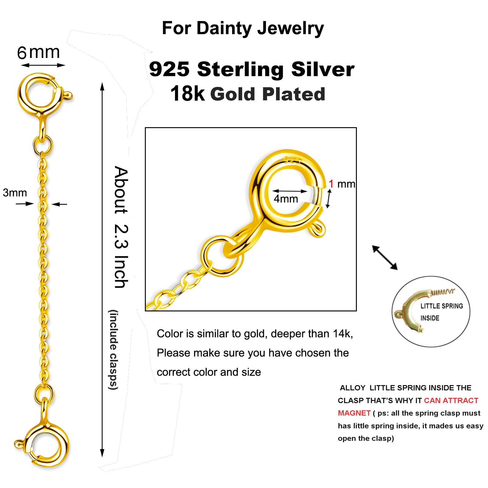 Gold Necklace Extender Chain for Women 18k Plated Sterling Silver Extension Bracelet Safety Link for Delicate Jewelry 2.3