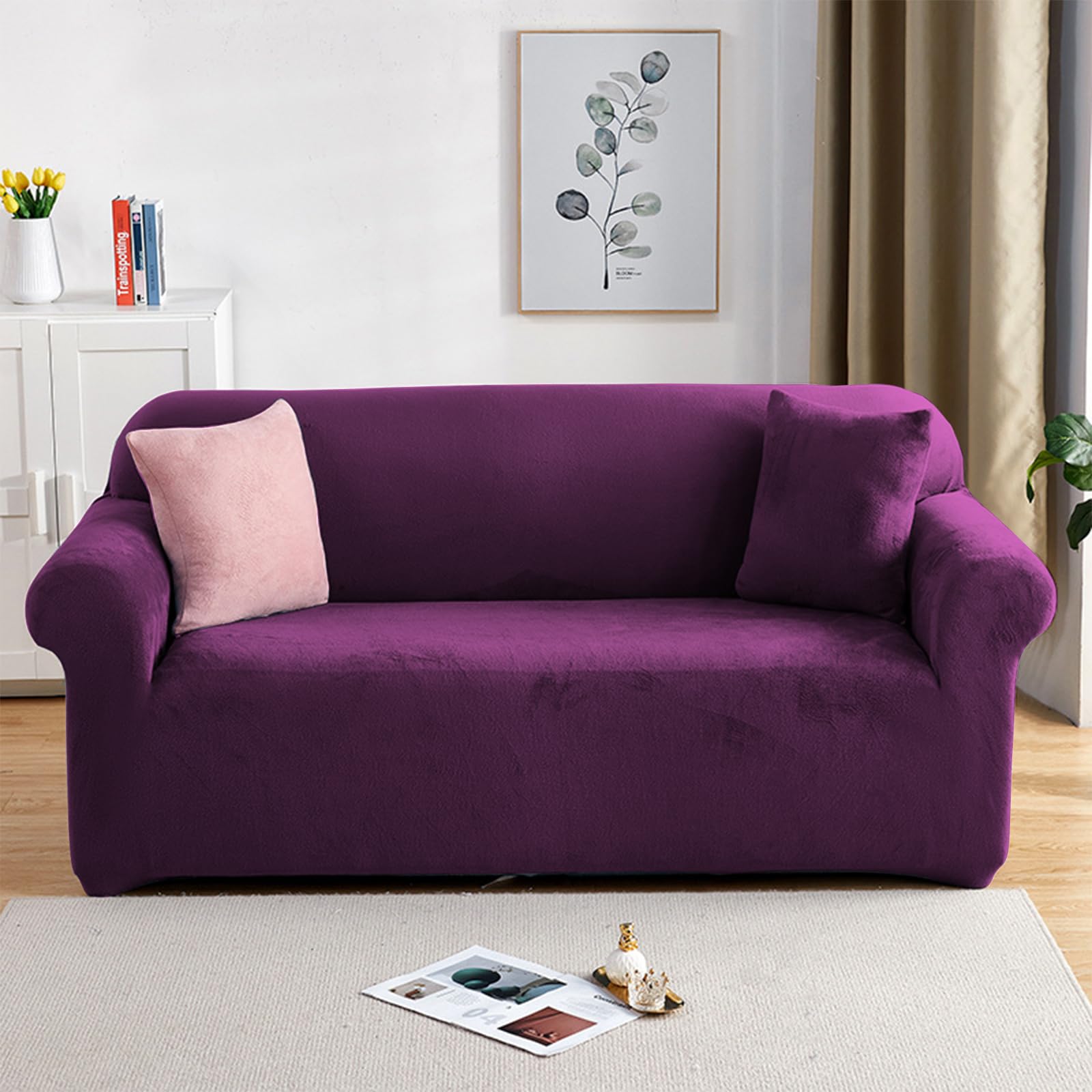 PETCUTE Elastic sofa covers 3 Seater sofa slipcovers velvet thick sofa covers Purple