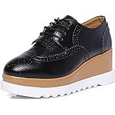 DADAWEN Women's Fashion Tassels Square-Toe Lace-up Platform Wedge Oxford Shoes