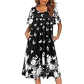 Ekouaer Women's House Dress - Pleated Nightgown with Short Sleeves & Pockets