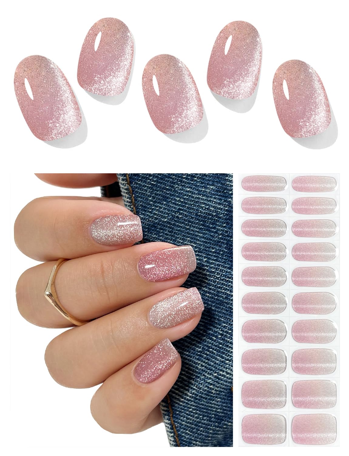 AutyaMee Semi Cured Gel Nail Strips (Pink Omber Cat Eye), 20 Pcs Gel Nail Wraps, Stickers, UV Light Required, Salon Quality, Long Lasting