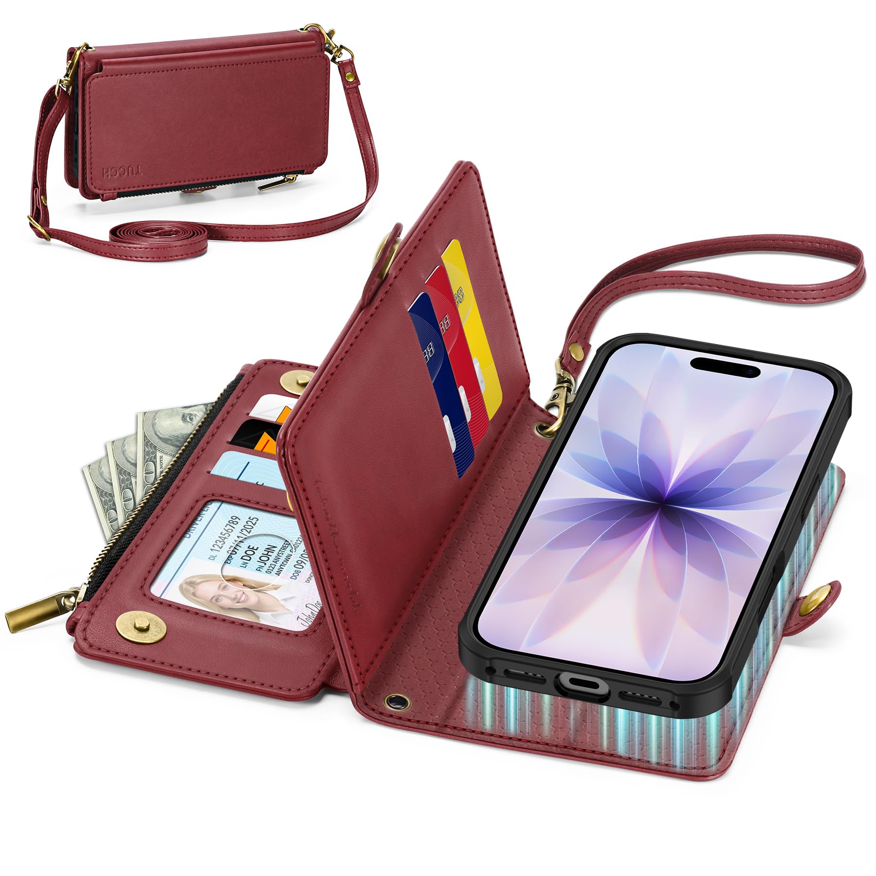 Photo 1 of TUCCH Detachable Crossbody Case Wallet for iPhone 17 (6.3"), Wireless Charging | RFID Blocking 9 Card Holders | Lanyard | Wrist Strap | Stand | Zipper Pocket | PU Leather | Magnetic Cover | Dark Red