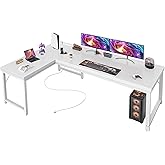 Huuger 63 Inch L Shaped Desk with Power Outlets and USB-C Port, Reversible Computer, Larger Office Corner Gaming Desk, 0.95 Inch Thicker Desktop, Metal Frame, for Home Office, Study, White
