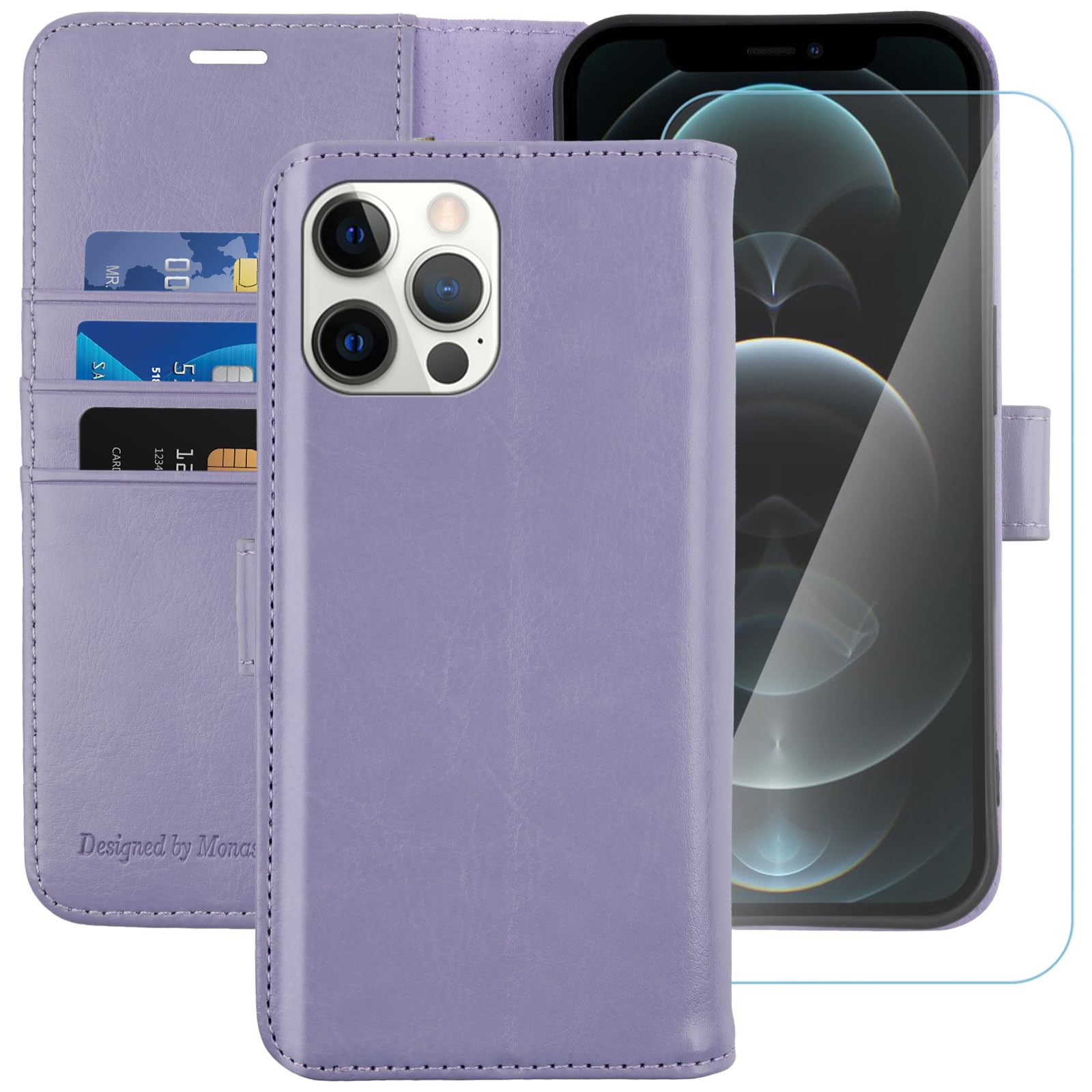 MONASAY Wallet Case for iPhone 12 Pro/iPhone 12 5G,6.1-inch[Glass Screen Protector Included] [RFID Blocking] Flip Folio Leather Cell Phone Cover with Credit Card Holder for iPhone 12/12 Pro,Lavenders