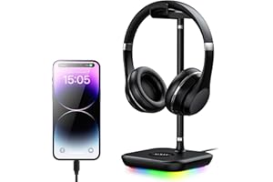 ALMAH RGB Gaming Headphone Headset Stand for Desk, PC Gaming Accessories, Headphone Headset Holder with 1 USB Charging Port, Suitable for All Earphone Accessories as Boyfriend, Son, Husband Gifts