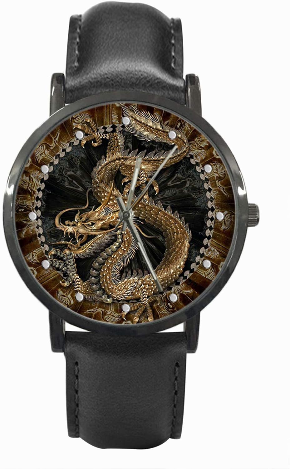 OneBee Personalized Graphic Photo Image Custom Watch Casual Black Leather Strap Wrist Unisex Watches for Men Women,TIME Scale Bulge Handmade Watch (Dragons)