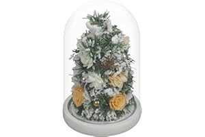 GLAMOUR BOUTIQUE Mini Christmas Tree Preserved Flower in Glass Dome w/Light - Flowers Forever Christmas Table Decor, Long Lasting Eternal Flowers w/Thick Gift Box & Bow, Unique Gift - Snow