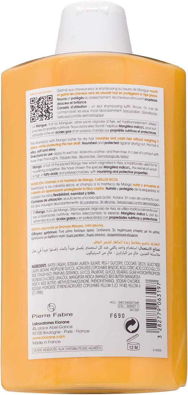 Klorane Nourishing Mango Butter Shampoo - For Dry Hair - Biodegradable** Formula - Sulphate Free - Vegan* - 1x 400 ml Bottle - Image 3