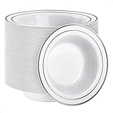 Goodluck 100 Pack Plastic Bowls with Silver Rim, 12oz Disposable Soup Bowls, Heavy Duty Dessert Bowls for Weddings, Parties, Dinners, Catering, and Everyday Use