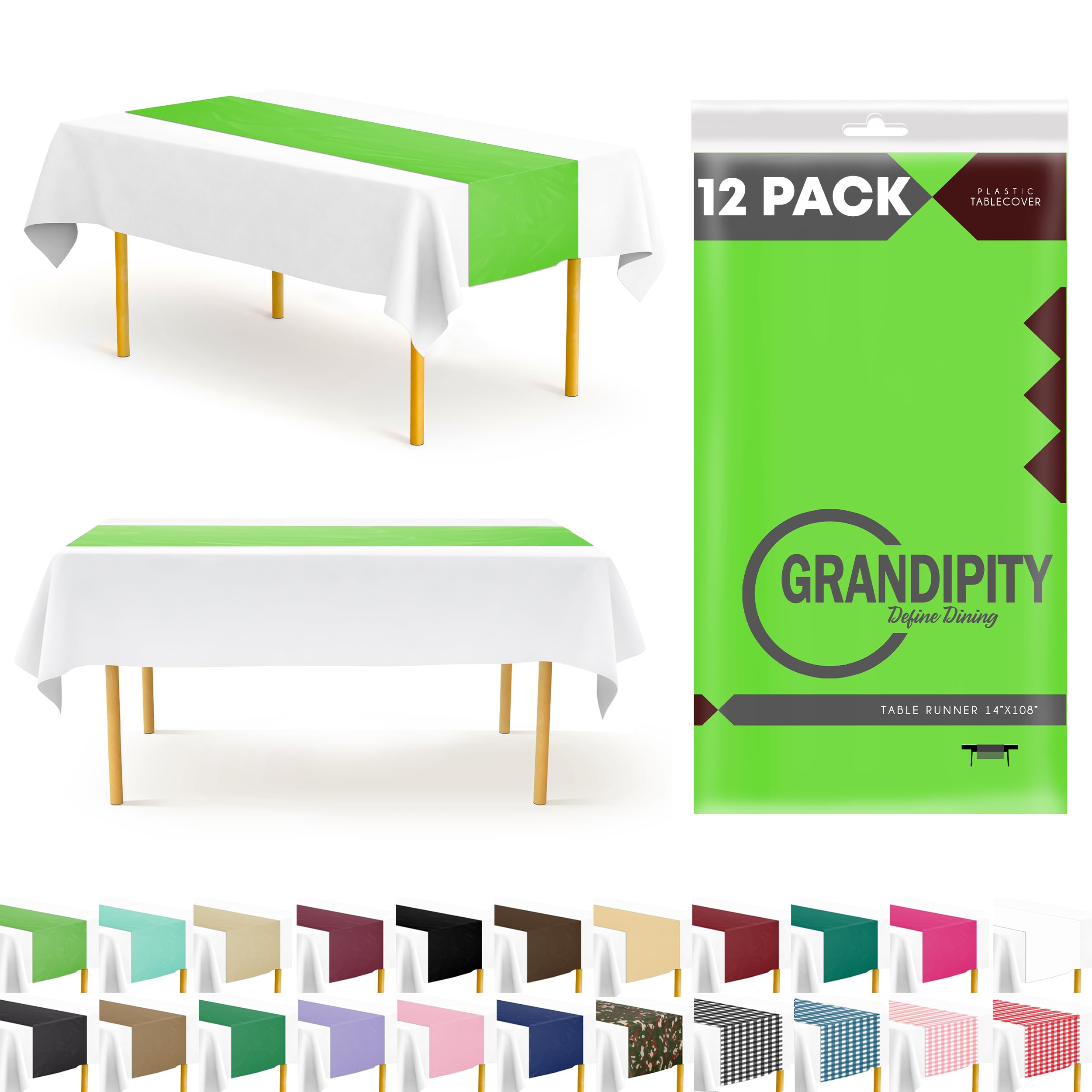 Grandipity Lime Green 12 Pack Premium Disposable Plastic Table Runner 14 x 108 Inch. Table Runner for Dinner Parties & Events By
