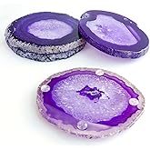 Sisamn Purple Agate Slices Bulk Geode Coasters Set of 4 with Rubber Bumpers - Unique 3-4 Inch Dyed Stone Drink Cup Crystal Coasters for Home Decor, Coffee Table, Bar Accessories