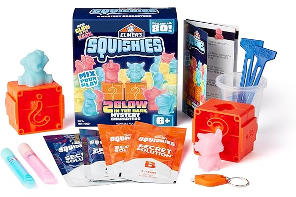 Elmer’s Squishies Kids’ Activity Kit, DIY Glow in the Dark Squishy Toy Kit Creates 2 Mystery Characters, 13 Piece Kit