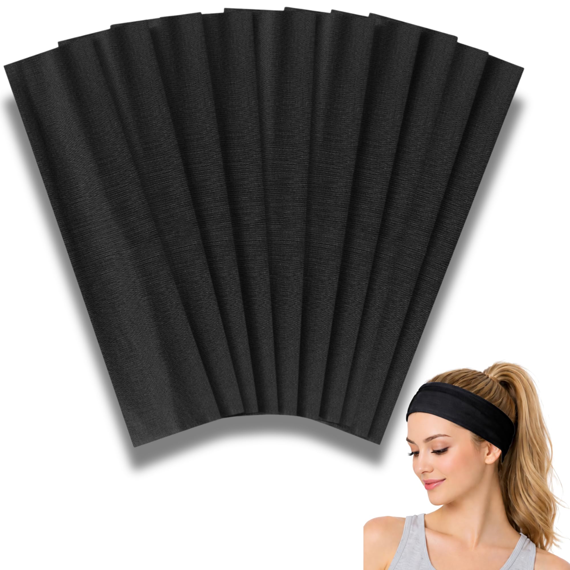 Styla Hair 10 Pack Yoga Headbands - Elastic Cotton Multi-Function Sports Head Bands Stretchy Wraps (Black)