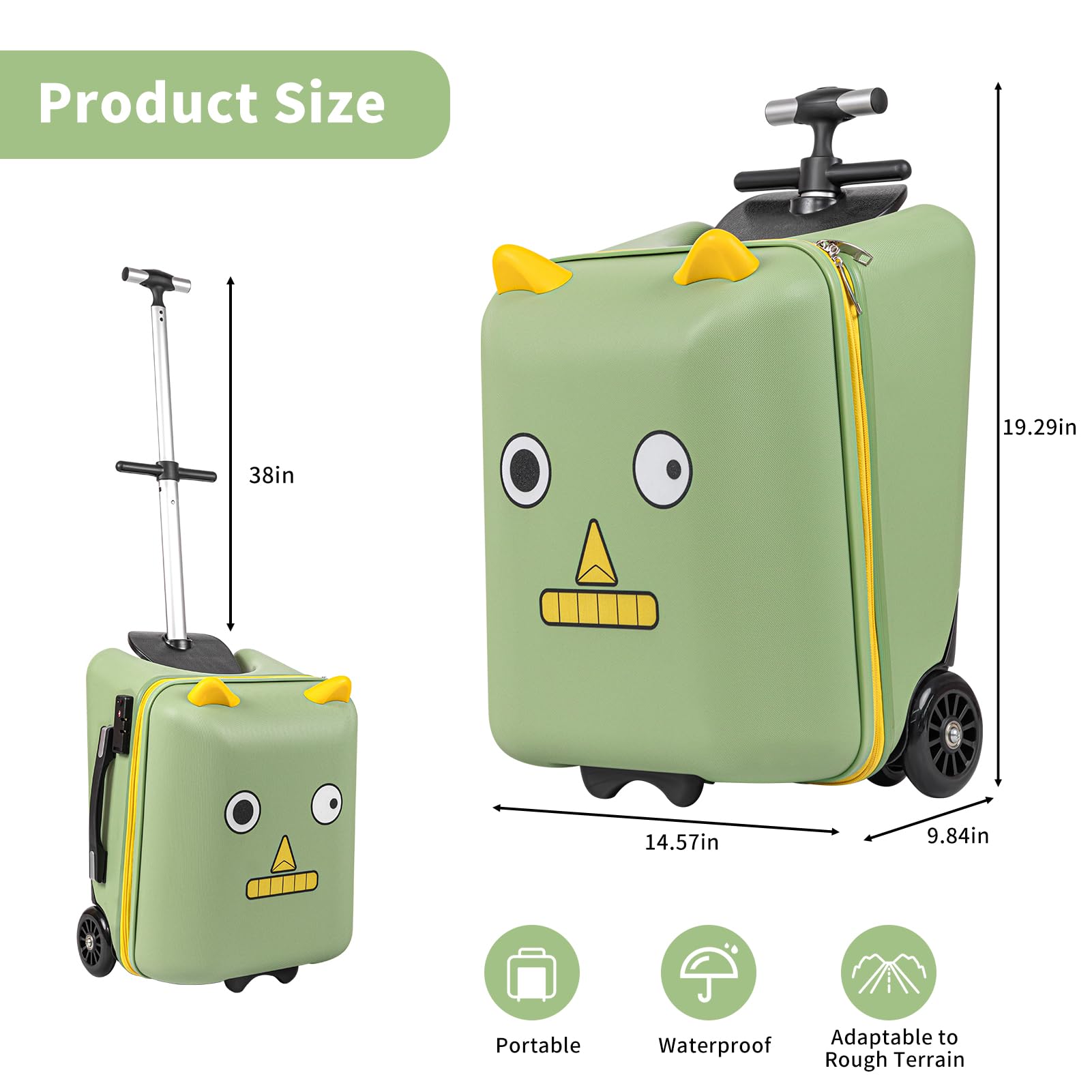 Aseasimlestore Ride on Suitcase for Kids, 20 inch Hardside Kids Luggage Ride on,Large Suitcases with Child Seat Design with 4 Universal Wheels Help Your Child Travel (Green)