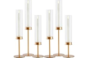 Denique Gold Hurricane Candle Holder Set of 6, Matte Gold Glass Taper Candle Holders, Gold Candlesticks Holders for Table Centerpiece, Wedding, Dining, Party Christmas Decoration