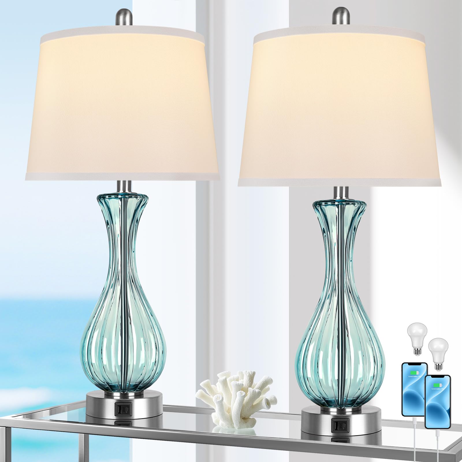 Photo 1 of 27.5" Coastal Glass Table Lamp Set of 2, 3-Way Dimmable Full Touch Control Beach Lamp with USB A+C Port, Blue Glass Nautical Bedside Lamp with White Shade for Living Room Bedroom(LED Bulbs Included)