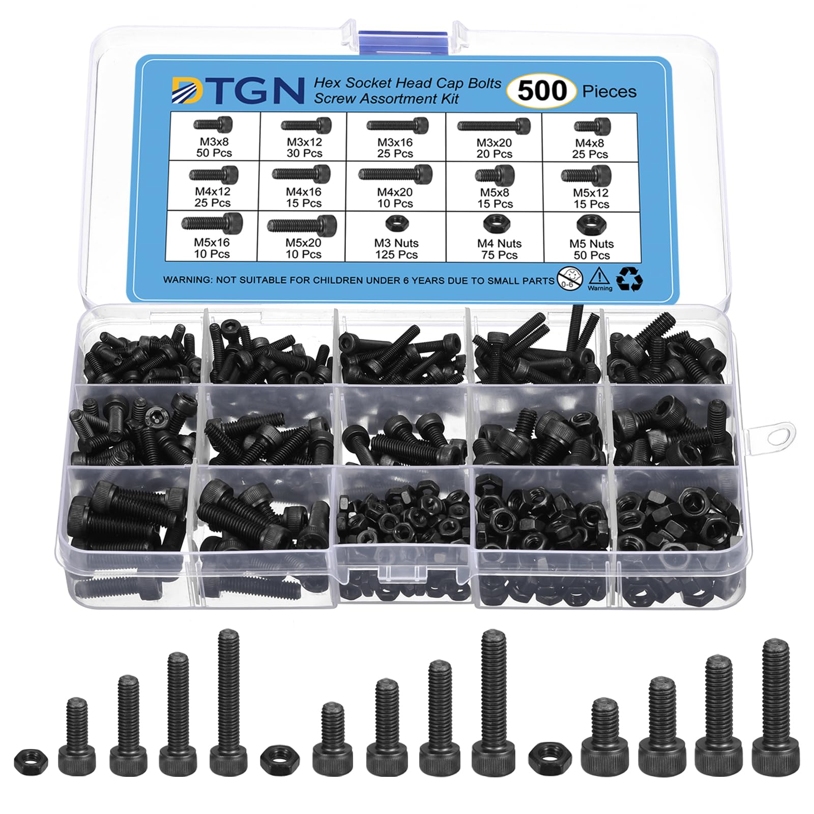 DTGN 500Pcs Metric Screw Assortment, M3/M4/M5 Bolts and Nuts Kit, 12.9 Grade Steel 8/12/16/20mm Hex Socket Head Cap Screws Bolt Set for 3D Printing DIY