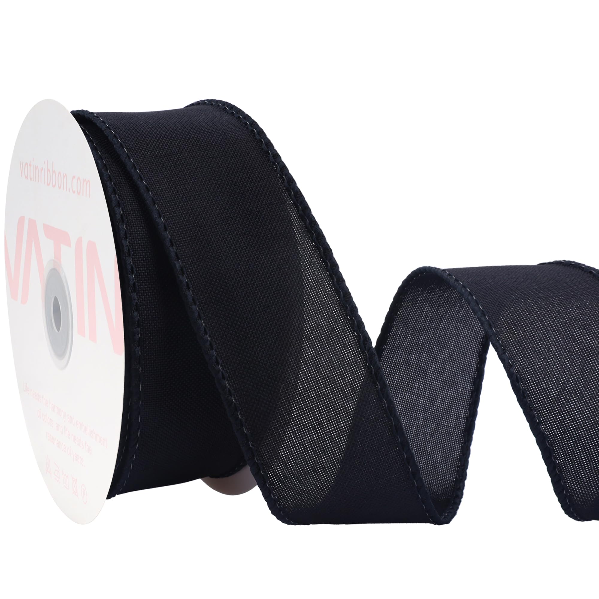VATIN Linen Wired Ribbon,1-1/2 Inch X 10 Yard,Black Burlap Wired Ribbon for Big Bow Crafts,Wreaths, Christmas Tree Decoration,Gift Wrapping