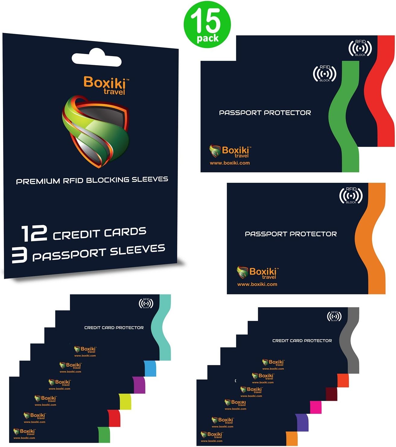 RFID Blocking Sleeves, Set with Color Coding. Identity Theft Prevention RFID Credit Card Holders by Boxiki Travel (Set of 12 Credit Card Protector Sleeves + 3 Passport Holders) (Navy Blue): Office Products