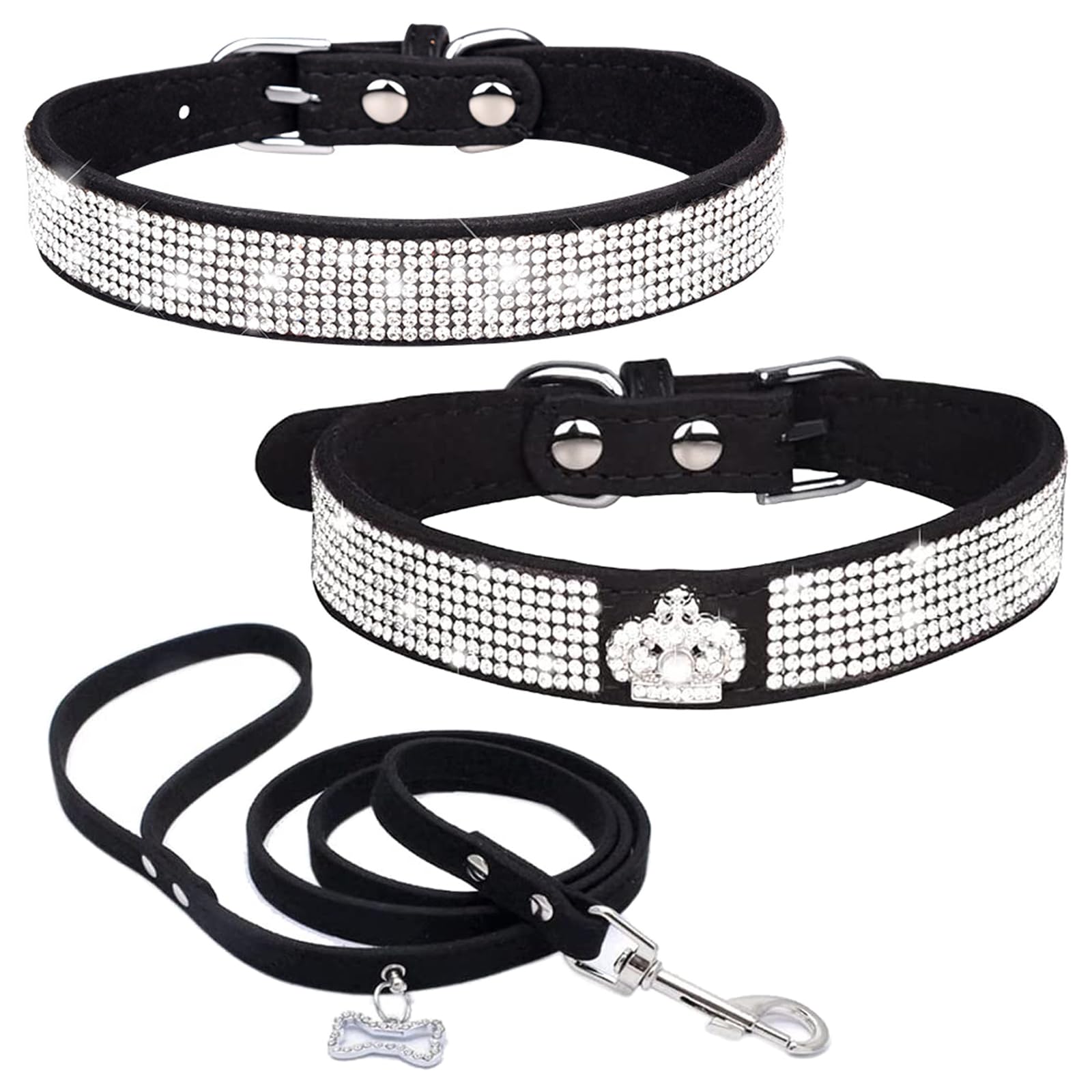 HALFSUMO Rhinestone Dog Collar Soft Velvet Leather Collar Dog Leash Combo Set Diamond Studded Bling Adjustable Puppy Collar for Small Medium Dogs Cats Black XS
