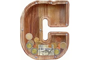 YWMSGM Large Piggy Bank for Kids Boys Girls, Personalized Wooden Letter Piggy Bank with Cut-Out Design, Alphabet Letter Coin Banks, Money Savings Box,Birthday Present for Kids Adults and Home Decoration (C)