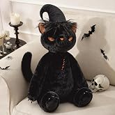 Phantoscope Happy Halloween Shaped Throw Pillow, Black Cat Shaped Pillow with Wizard Hat, Soft Faux Rabbit Fur Halloween Decorative Cushion for Couch, Black Wizard Cat 19.5 x 11 in