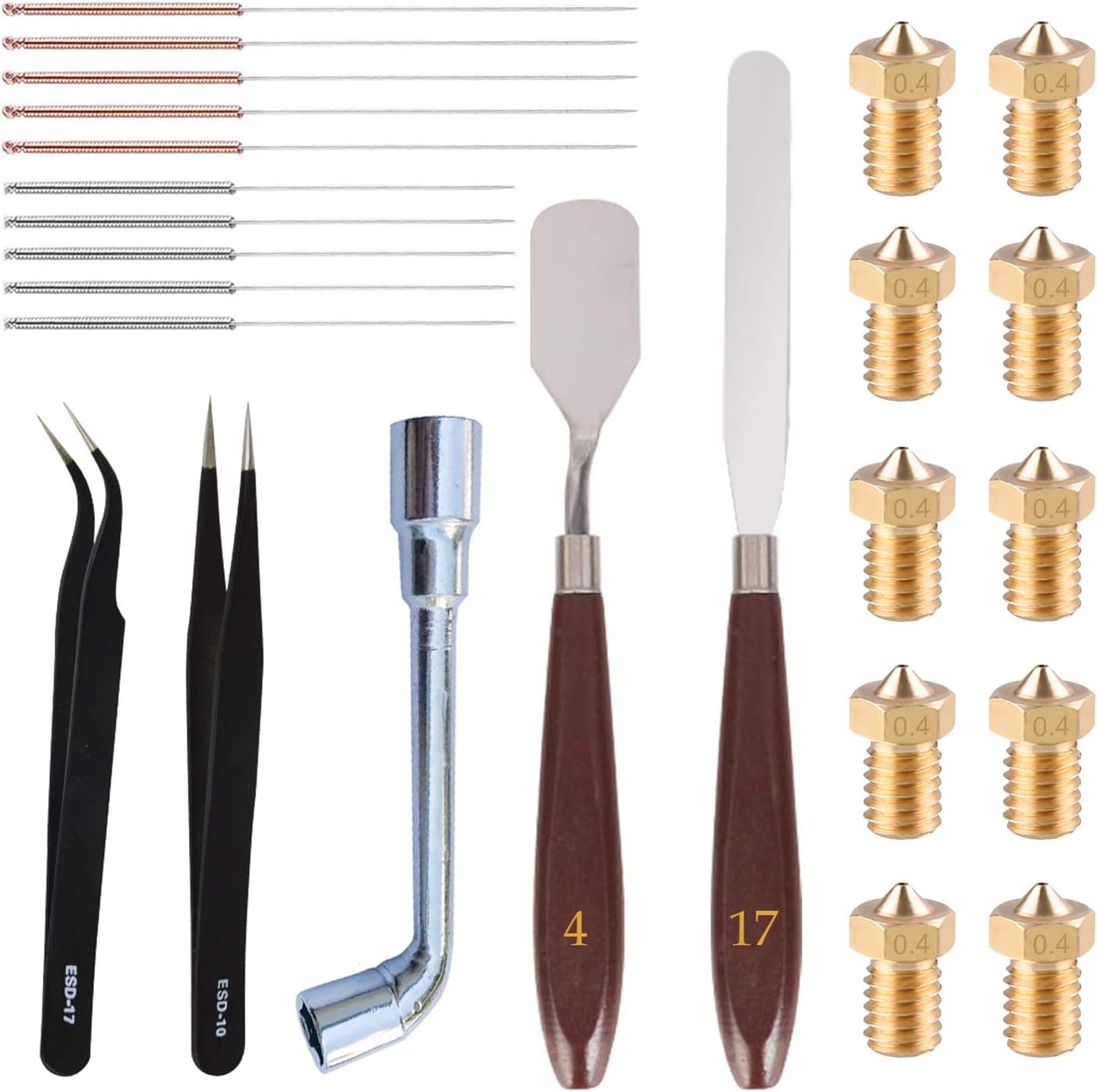 SOOWAY 25 Pcs 3D Printer Accessory Set, 10 Pcs V5 V6 0.4 mm Brass Nozzle + 10 Pcs Cleaning Needle (5 x 0.4 mm + 5 x 0.35 mm) + 2 Pcs Tweezers + 2 Pcs Palette Knife + 1 Pcs Spanner Tools Kit