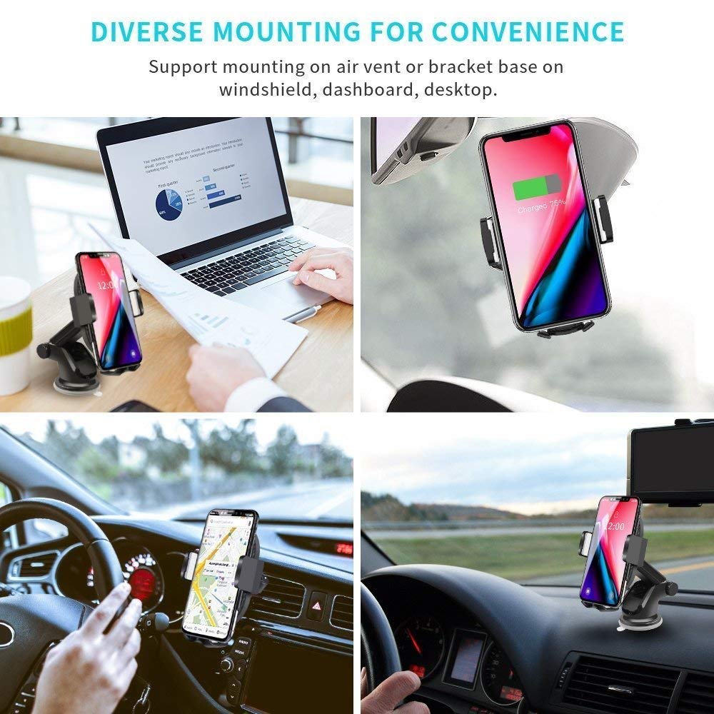 Car Wireless Charger, 2 In 1 Wireless Fast Car Charger Automatic Infrared Motion Sensor Air Vent Holder for iPhone X 8 8S Note8, S8, S8+, S7 Edge, S7, Note5, S6 and all QI Enabled Devices, Black