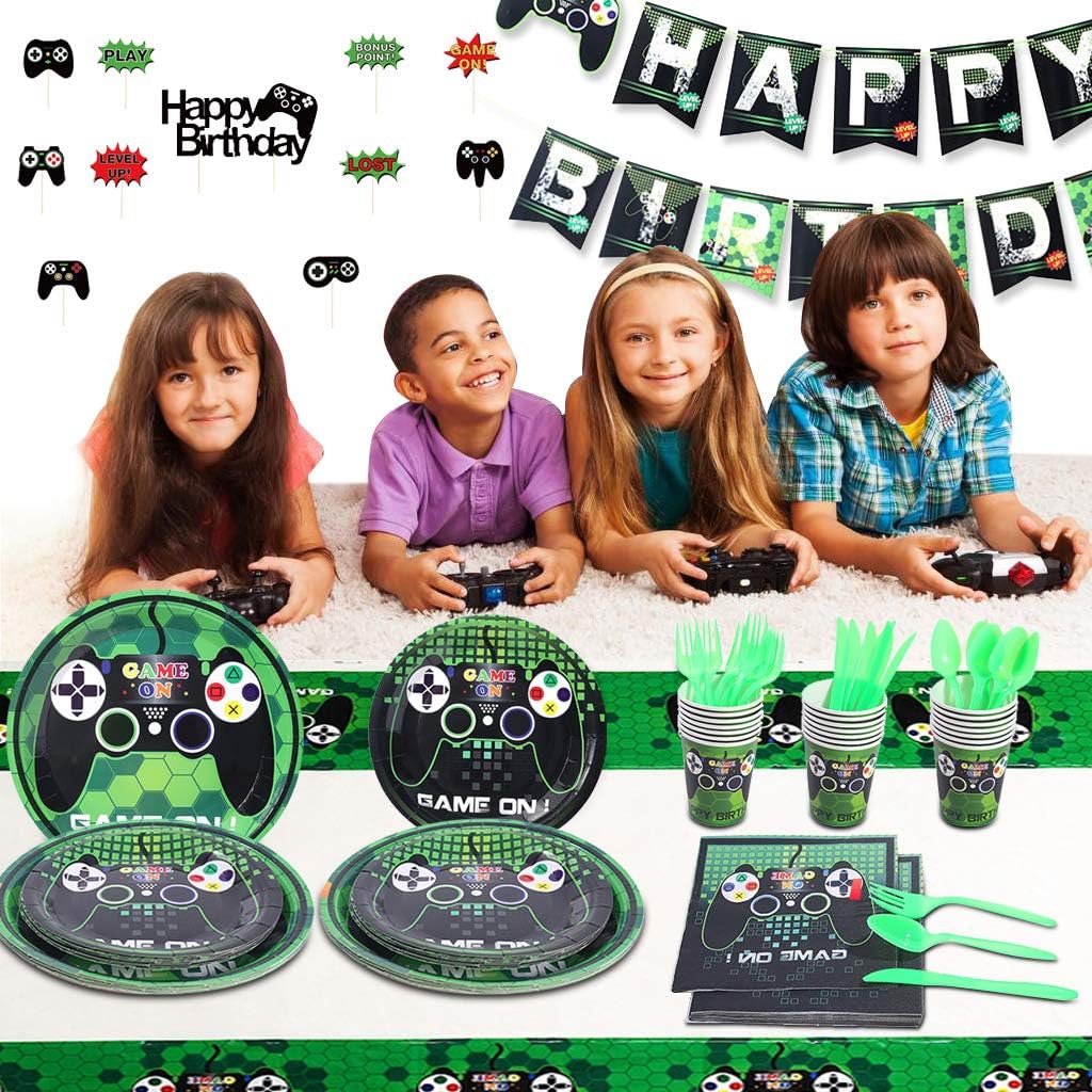 125PCS Video Game Party Supplies, Amycute Boys Video Game Themed Party Supplies Room Decor Set with Birthday Banner, Plates, Cups, Napkins, Tablecloth for Boys Kids Video Game Birthday - Serves 16: Kitchen & Dining