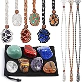 Evatage Crystals Necklace Holders and Healing Stones Set, 6Pcs Adjustable Crystal Cage with 7 Chakra Crystals and Healing Stones for Yoga, Meditation, Jewelry Gift and Home Decor