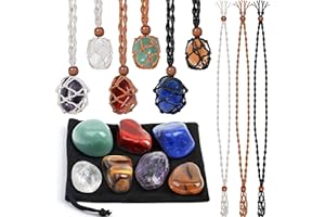 Evatage Crystals Necklace Holders and Healing Stones Set, 6Pcs Adjustable Crystal Cage with 7 Chakra Crystals and Healing Stones for Yoga, Meditation, Jewelry Gift and Home Decor