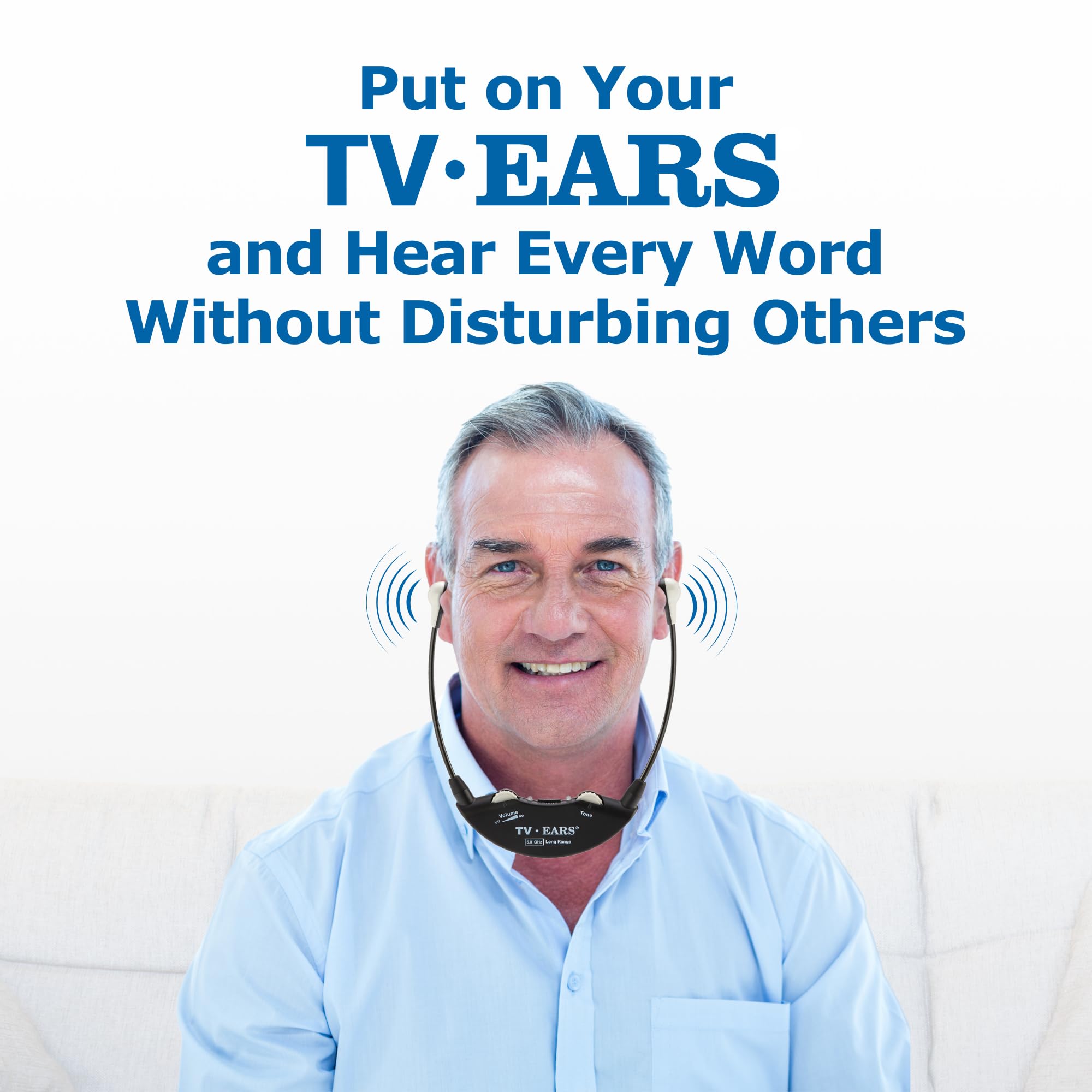 TV · Ears Long Range Digital Wireless Headset System, 5.8 GHz RF Transmitter Headsets for TV, Ideal for Seniors & with Hearing Difficulties, Works with a Wide Range of TV Brands, 1 Pair