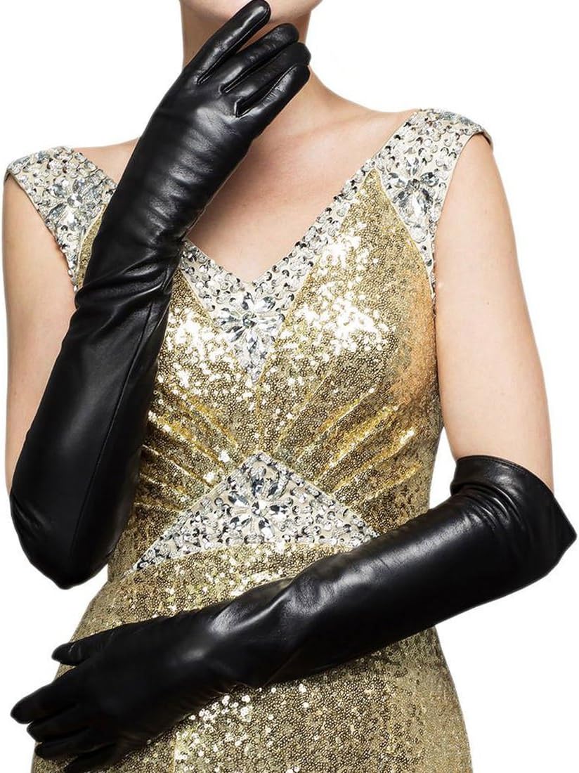 CASF Super Long Opera Ladies Lambskin Genuine Leather Gloves For Women Black
