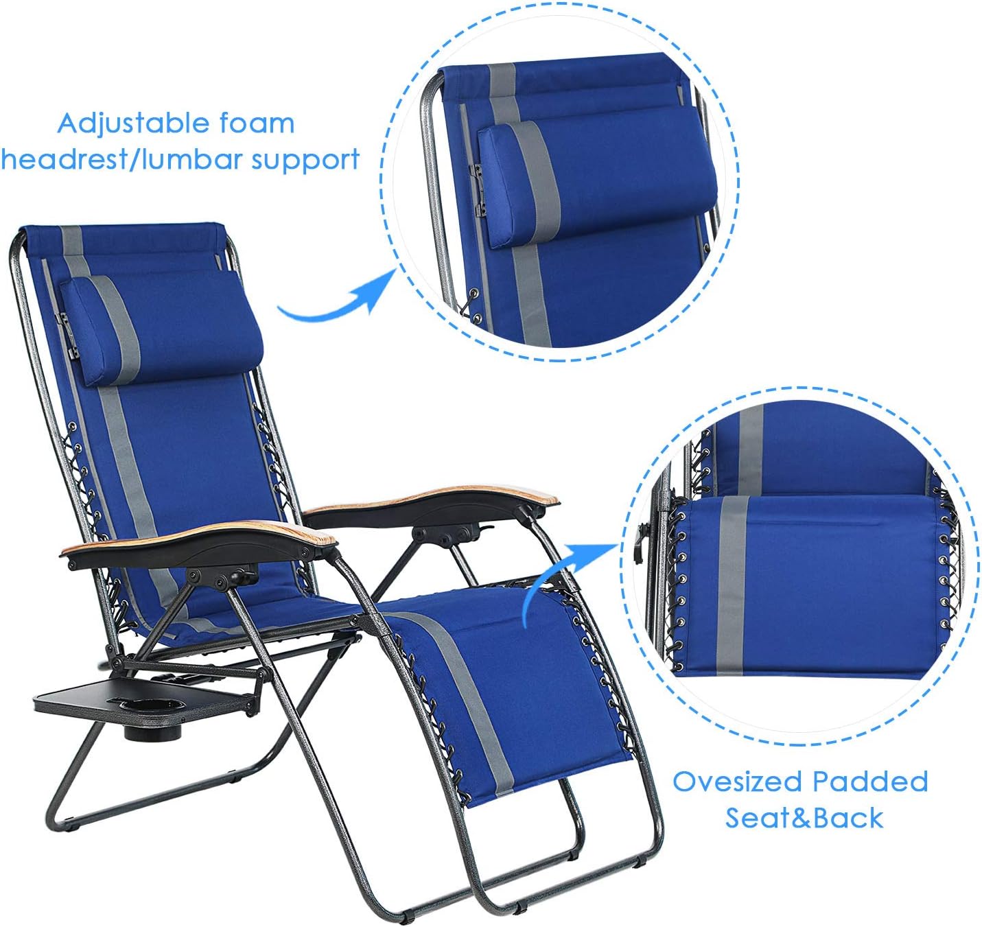 PORTAL Oversized Padded Zero Gravity Chair, XL Seat Adjustable Patio Lounge Recliner Chair with Lumbar Support Pillow and Side Table Support 350lbs: Kitchen & Dining