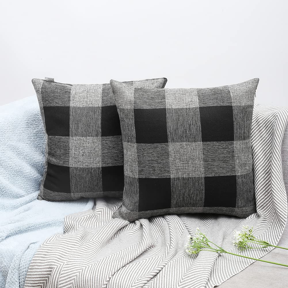 ORANIFUL Buffalo Check Cushion Covers 50cm x 50cm Set of 2 Linen Decorative Square Tartan Throw Pillow Case for Sofa Couch Bed Home Decor Car 20x20 Inches (Black & Grey)