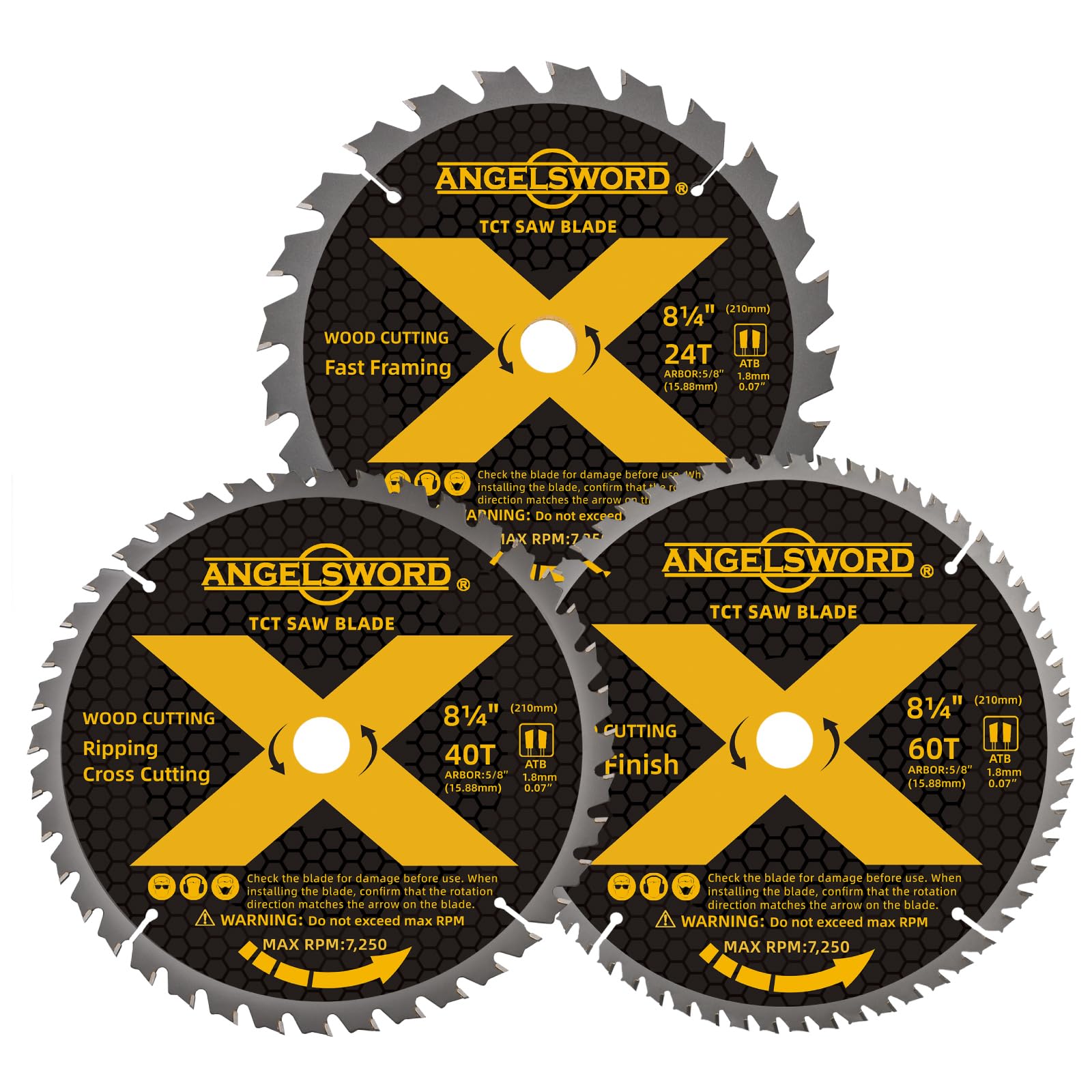 Photo 1 of ANGELSWORD 8-1/4 Inch Table Saw Blade/Circular Saw Blade, 24T for Framing&40T for Ripping, Cross Cutting&60T for Fine Finish Wood Cutting, 3 Pack