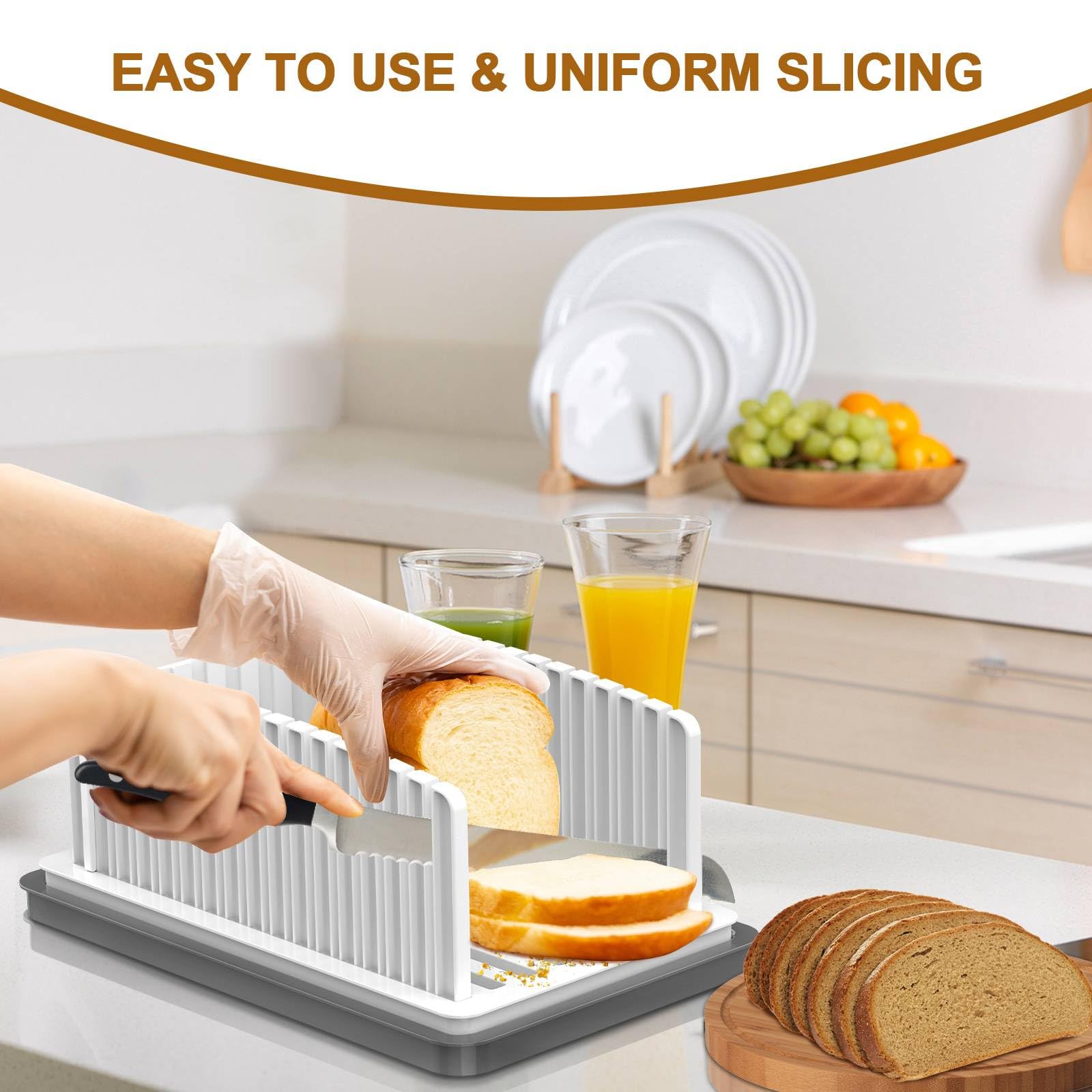 New Upgrade Bread Slicer for Homemade Bread, Bread Slicing Guide Adjustable Width, Foldable and Compact Cutting Guide with Crumb Tray, Suitability for Homemade Bread, Bagels, Cakes