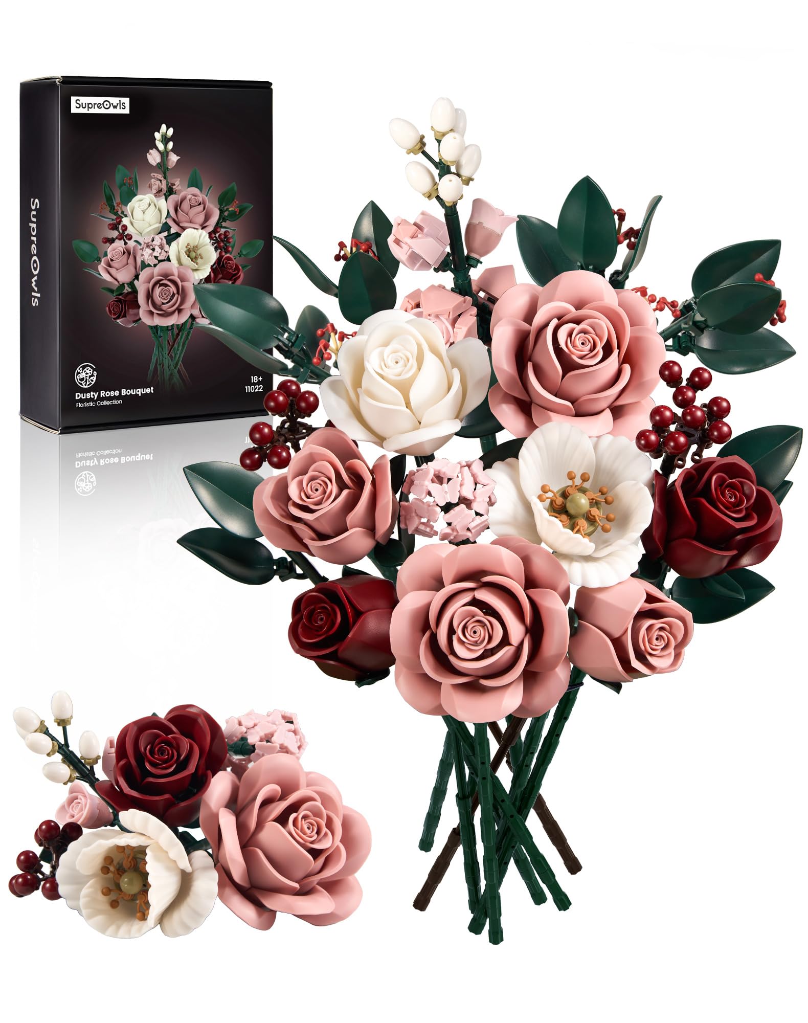iATOM Pink Roses Flower Bouquet Building Set, Artificial Flowers Botanical Collection Kit for Adults Women & Men - Gift for Mothers Day, Home Room Office Shelf Centerpieces Decor - IA11022