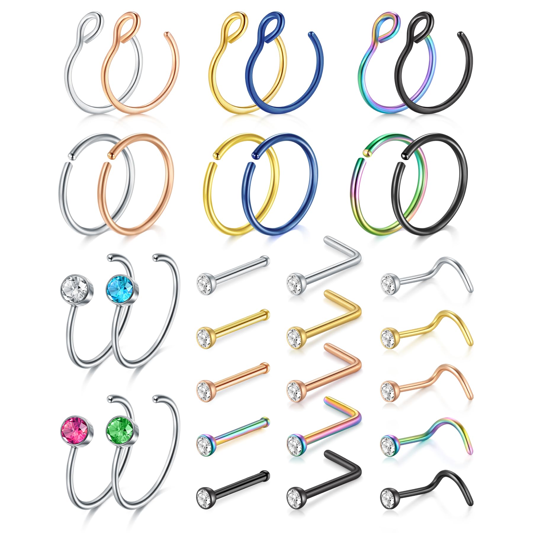 incaton 20G Nose Ring Nose Stud Nose Hoop Surgical Stainless Steel L Shape Nose Screw Bone C Shape High Nostril Piercing Jewelry