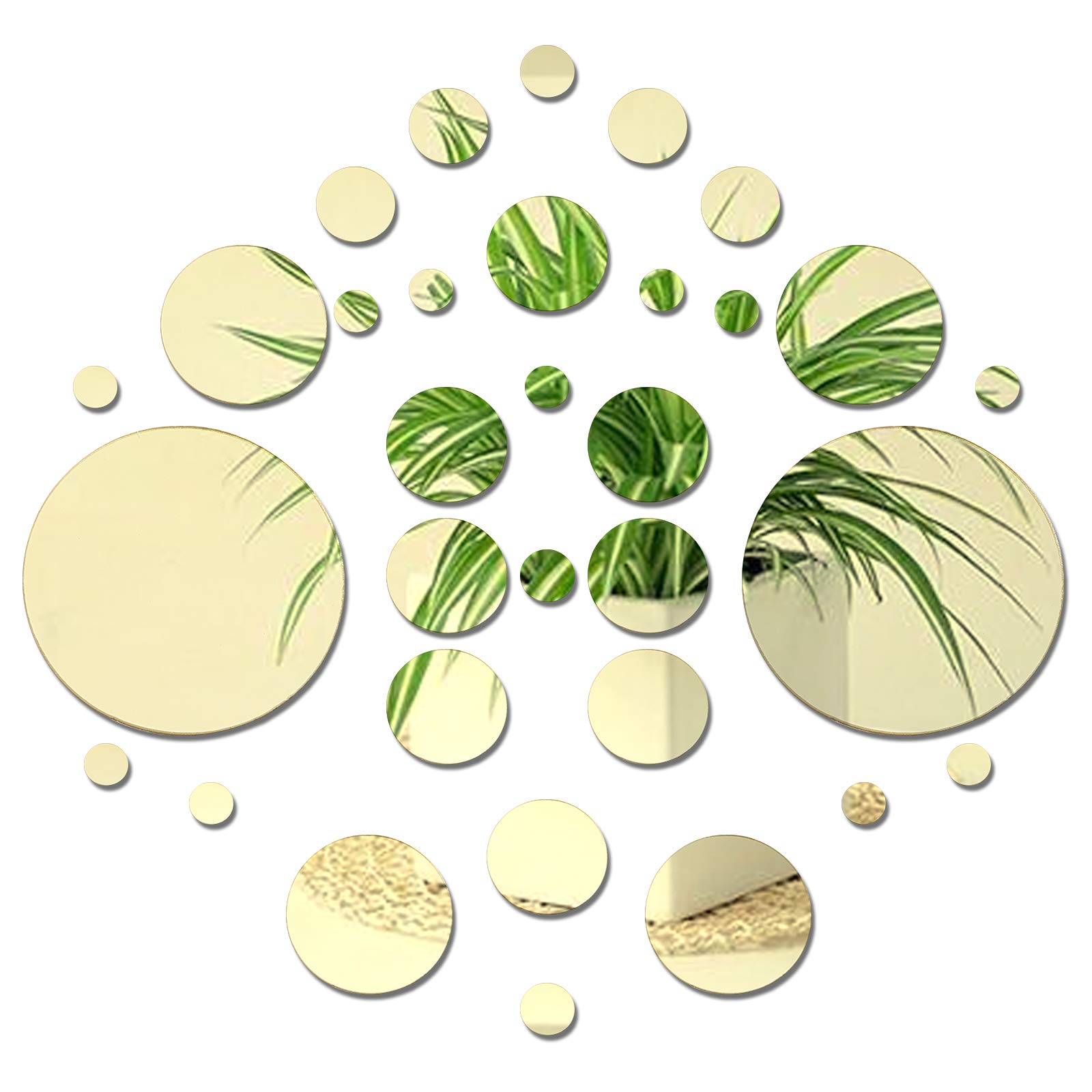 CREATCABIN 32 Pieces Mirror Wall Stickers Round Acrylic Circle Mirrors Wall Decals Self Adhesive Mirrors Sheets for Home Living Room Halloween Decoration 6 Different Sizes 0.9 to 5.9 Inches Gold