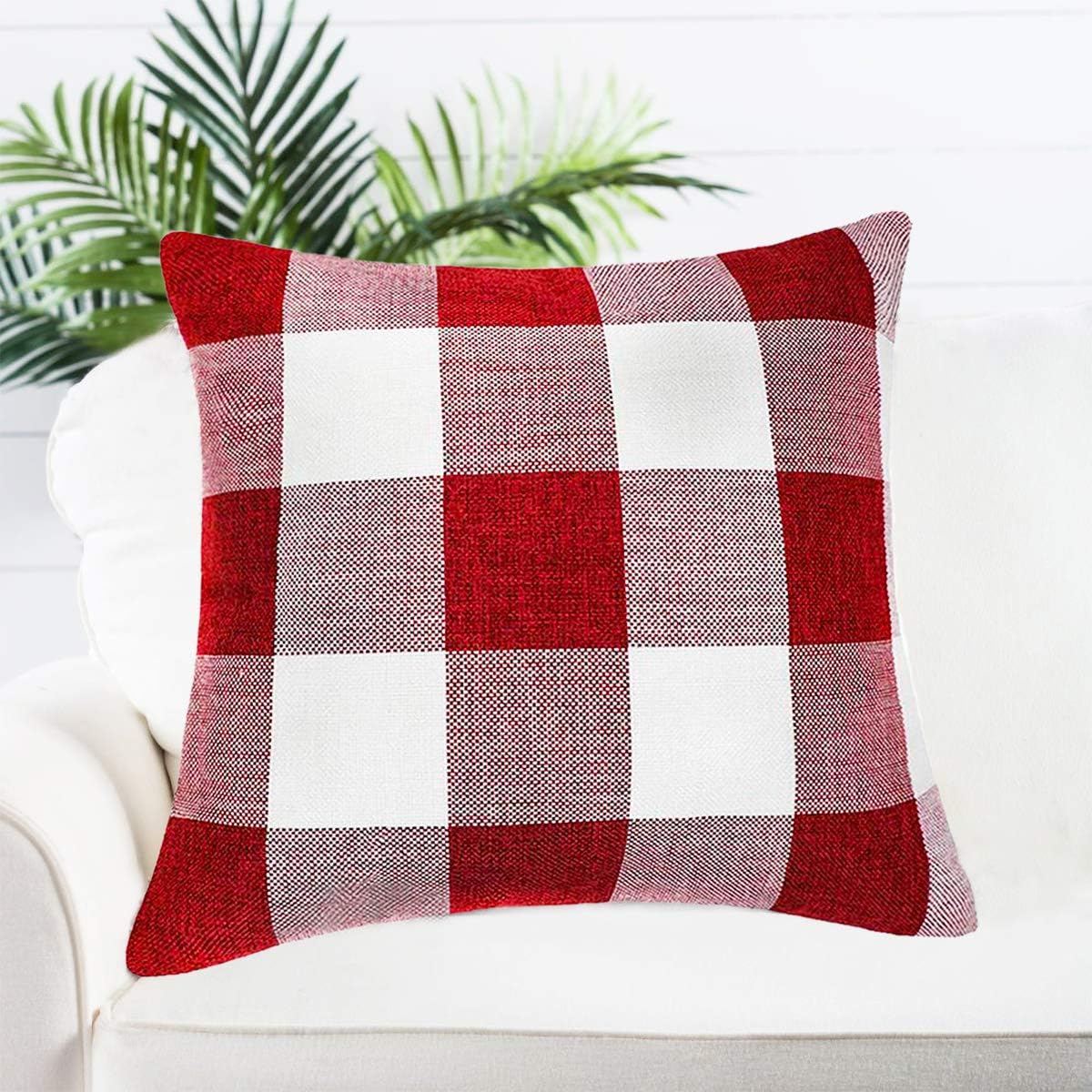 Winwinplus Set of 2 Red and White Buffalo Check Plaid Throw Pillow Covers Cushion Case Cotton Linen for Sofa,Car,Office,Christmas Home Decoration,18x18 Inches