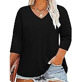 Plus Size V Neck 3/4 Sleeve Tops Women Shirts Tunic Loose Fit Casual Tee
