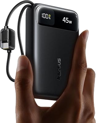 FC11 Powerbank 45W 20000mAh con 2 cavi USB-C Integrati, Mini Power Bank Ricarica Rapida con Certificato CCC, Caricatore Portatile per iPhone 18/17/16 Pro Max, Samsung Galaxy S25/S24, iPad, Nero