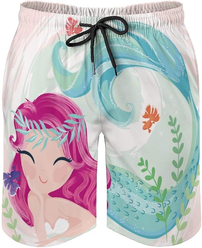 Summer Men's Board Shorts Swim Trunks Cute Mermaid, XXL