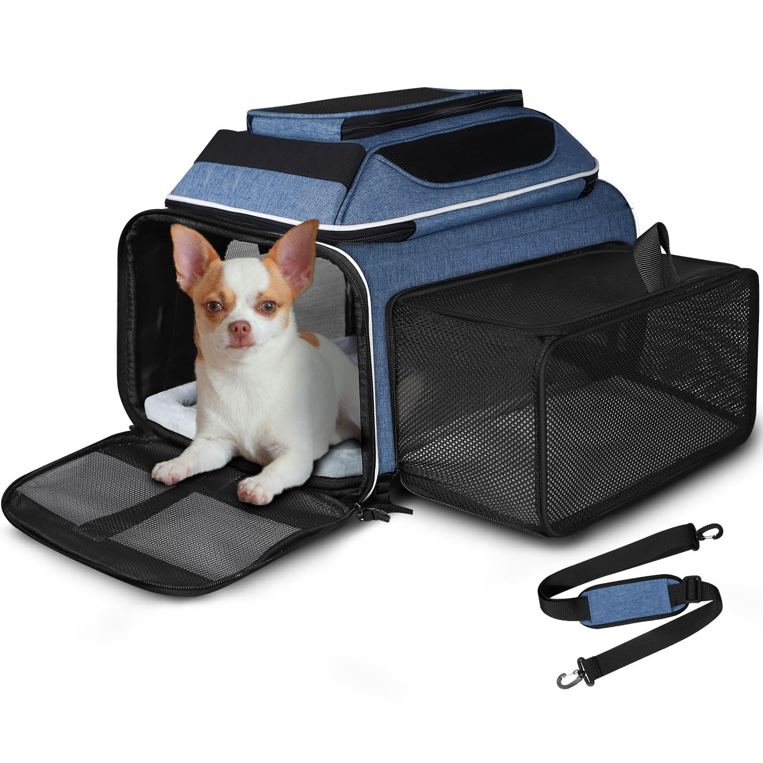 Photo 1 of Petskd Top and Side Expandable Pet Carrier 18x13x9.5 Inches Southwest Airline Approved, Soft-Sided Carrier for Small Cats and Dogs with Locking Safety Zippers and Anti-Scratch Mesh(Blue)
