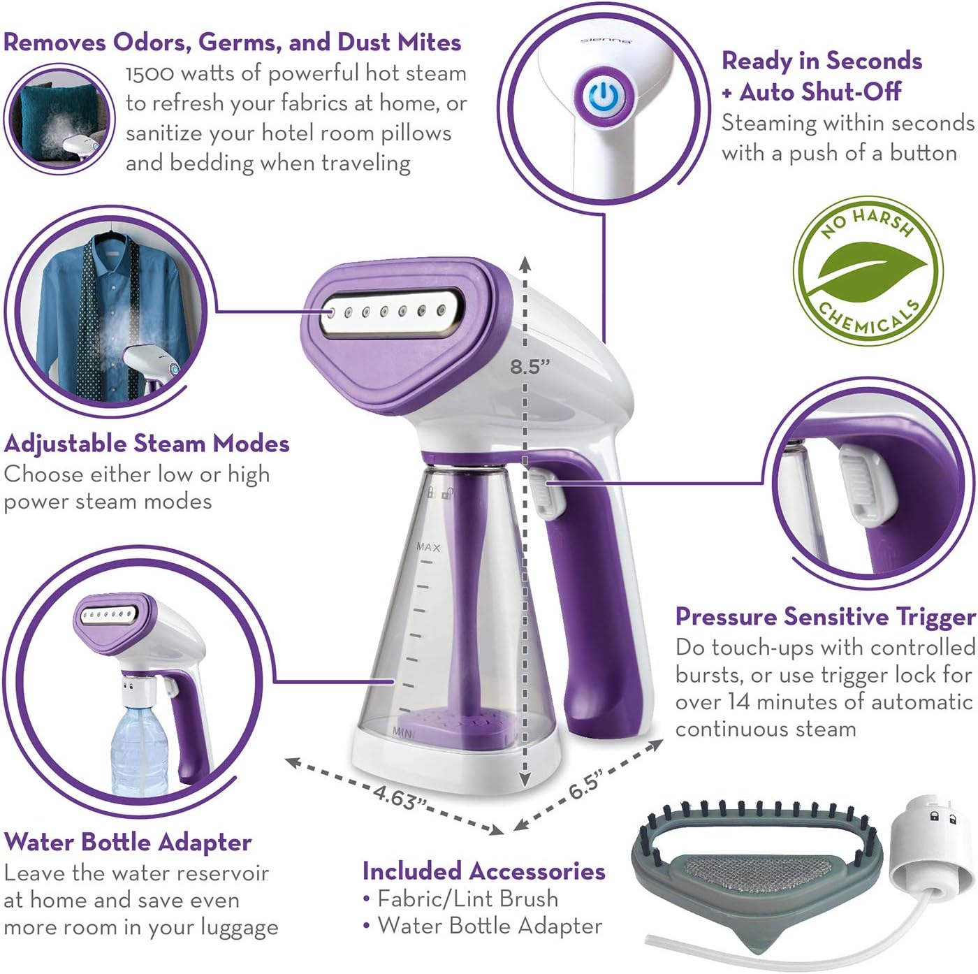 Sienna Vela 1500 Watt Portable Handheld Garment Steamer, Purple (SGS
