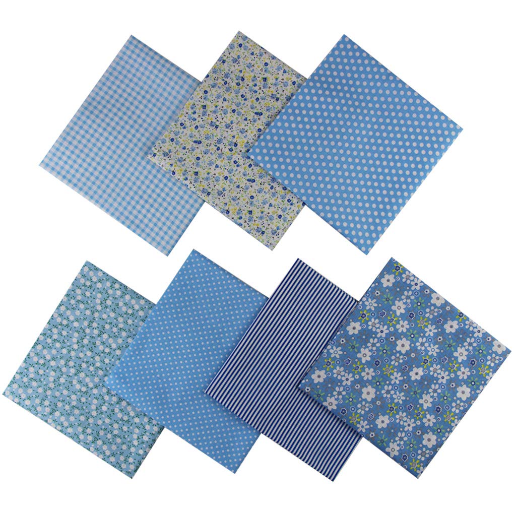 Jukway 7PCS Cotton Fabric Squares 50 x 50 cm, Crafts Fabric Bundles Patchwork, Different Patterns Printed Cloths for Sewing, Quilting, DIY Needlework, Decoration, Scrapbooking, Handwork (Blue)