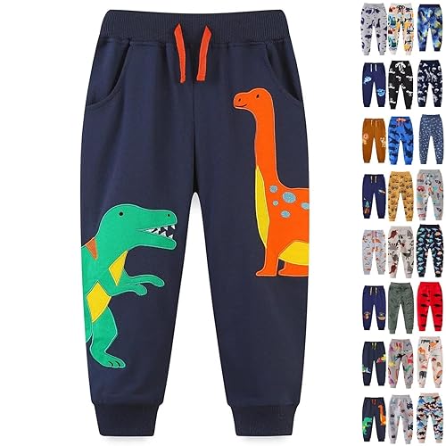 Kids Boys Girls Fleece Lined Trousers UK Funny Dinosaur Digger Graphic Pants with Pockets Warm Sweatpants Elasticated Waist Drawstring Harem Pants Cotton Soft Bottoms Xmas Winter Wear Age 1-7 Years